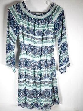 NWT Francescas Alya Off the Shoulder Sz S Navy Blue Mint Green Paisley Dress